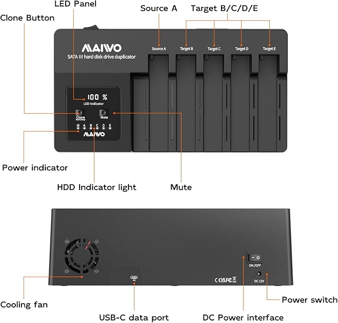 MAIWO 5 Bay External Hard Drive Docking Station with Cooling Fan - USB 3.1 SATA HDD Dock Cloner Duplicator for 3.5 2.5'' Drives Expandable Storage up to 110TB Black