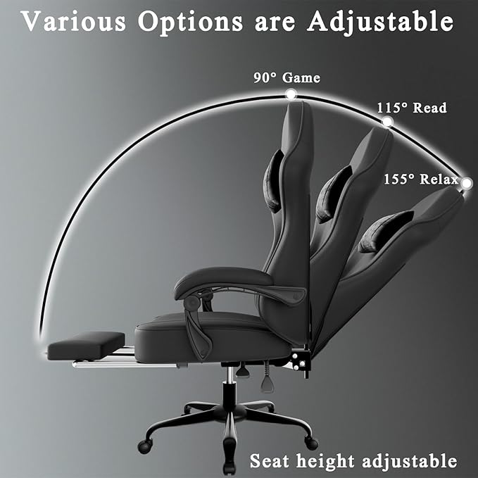 Black Gaming Chair with Pocket Spring Cushion and Footrest PU Leather Game Chair Adjustable Headrest Home Office Desk Chairs Comfortable Ergonomic Computer Chairs
