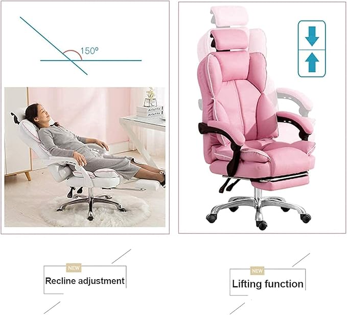 Katzowen Office Computer Chair Pink Gaming Chair for Girls Ergonomic Office Chair with Headrest Pu Leather Executive Chair Adjustable Reclining with Footrest Pink (Color : Pink)