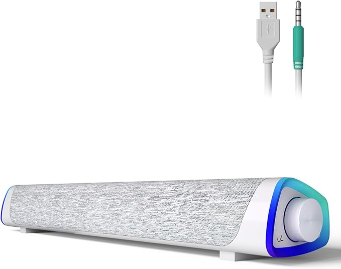 SOULION R30 Computer Speakers USB Powered 3.5mm AUX Small PC Speaker Colorful LED Lights with Switch Button Surround Sound Bar Speaker for Desktop Laptop White