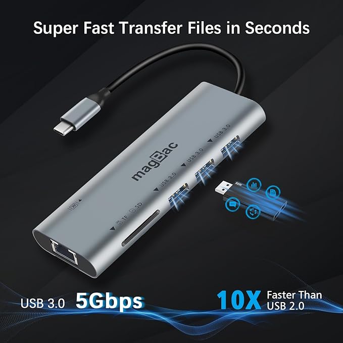 MagBac USB C Docking Station 7 in 1 USB C HUB Multiport Adapter with 3 5Gbps USB A Port 1 HDMI 4K@30Hz Gigabit Ethernet SD/TF Card Slot for Windows and MacOS Laptop with Full-Featured Type C Port