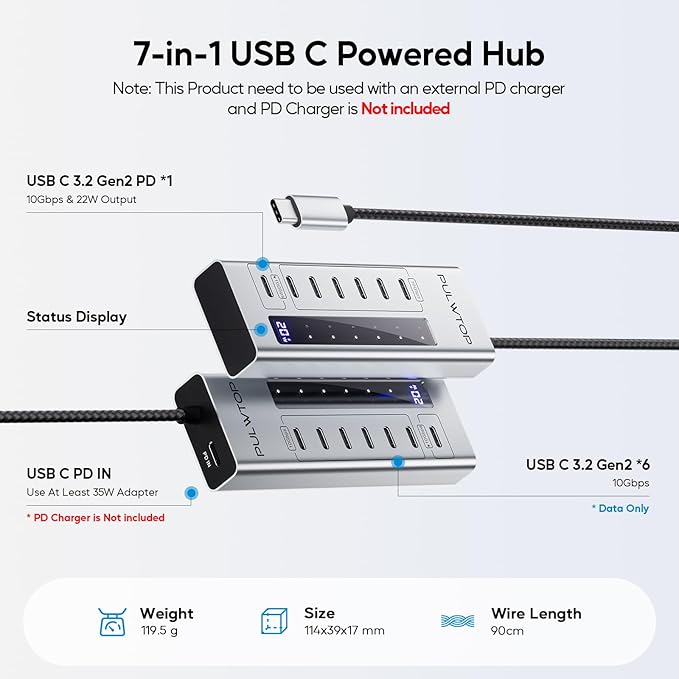 Powered USB C Hub PULWTOP 7 in 1 USB C Hub Support Data 10Gbps &amp Charging(Not Support Video) USB C Powered Hub 10Gbps Ports for iMac MacBook Pro/Air iPad XPS USB Hub with 35W PD Power Adapte