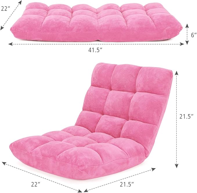 Floor Folding Sofa Chair 14-Position Adjustable Folding Couch Sleeper Bed Couch Gaming Recliner for Living Room Bed Room (Pink)