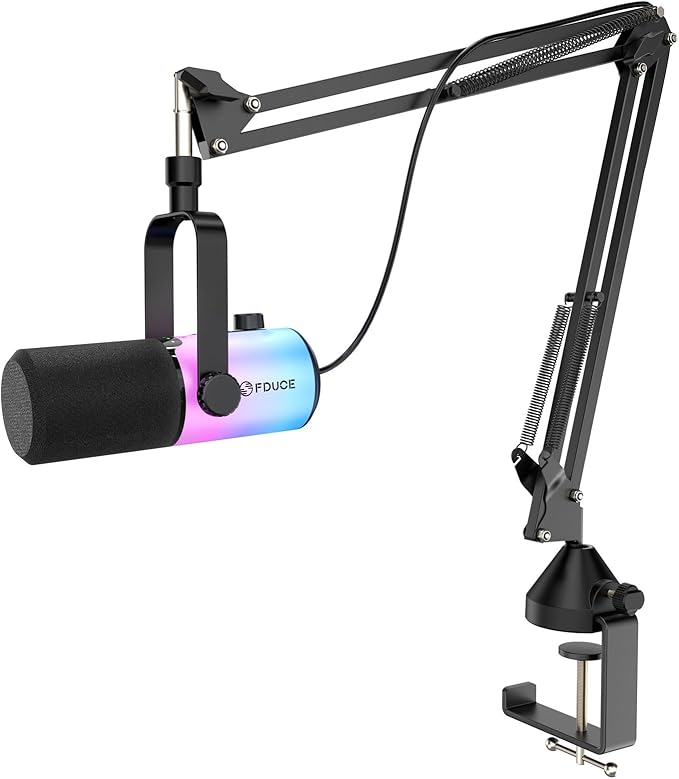 FDUCE Dynamic Gaming Microphone kit USB/XLR Podcast Computer Microphone with Boom arm Stand RGB Light Mute Button and Headphone Jack for Gamer Streaming Recording Studio YouTube Online Chat(D20+)