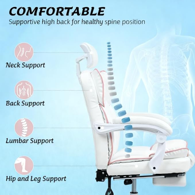 Ergonomic Office Desk Gaming Computer Chair Comfy High Back Executive Chairs with Armrests and Footrest Adjustable Height Swivel Rolling PU Leather Video Game Chairs for Home (White)