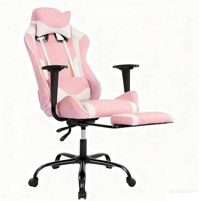 Ergonomic Gaming Chair - Reclining Computer Chair with Lumbar Support &amp Headrest Pillow Adjustable Footrests 90-135° Recline for Home Office &amp Gaming Heavy Duty 250lbs Capacity Pink