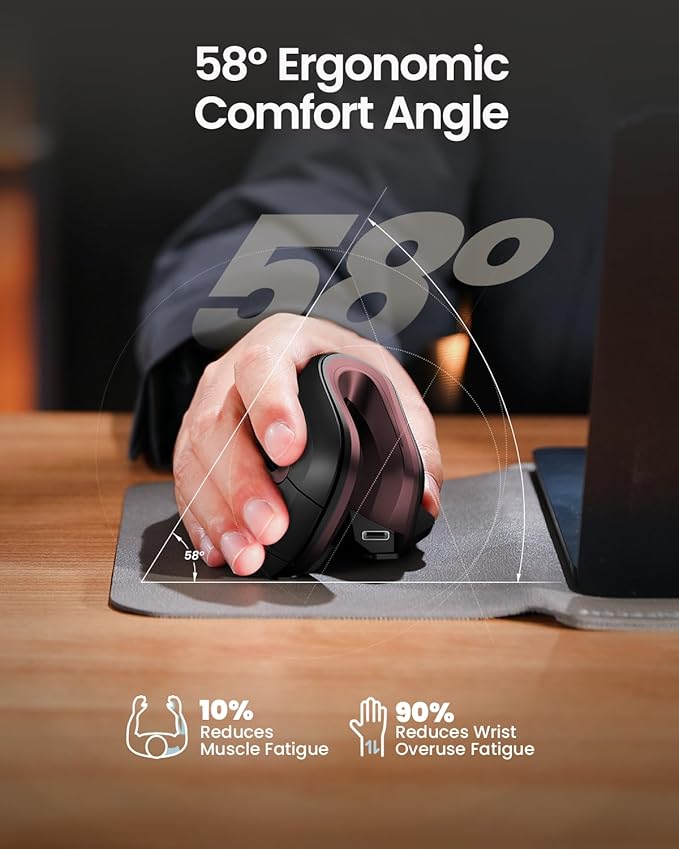 ProtoArc Ergonomic Mouse EM11 NL Bluetooth Rechargeable Wireless Vertical Mouse 3 Multi-Device Connectivity for Computer/PC/Laptop 2.4GHz USB-A Optical Mice for Windows Mac OS Wine Red