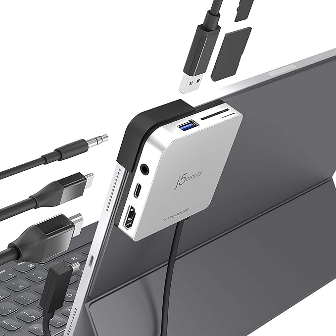 j5create iPad Pro USB C Hub- 6-in-1 Travel Dock for iPad Pro 12.9”/11” with 4K@60Hz HDMI USB C PD Charging 100W &amp Data USB A 3.1 SD and microSD Card Reader 3.5mm Headphone Jack (JCD612)