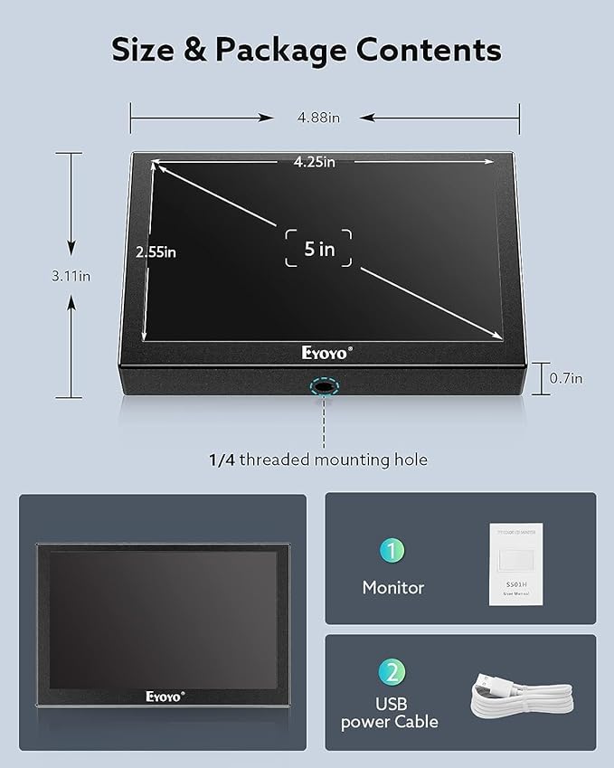 Eyoyo 5 inch Monitor 800x480 Mini TFT LCD Screen Small Camera Video Monitor 1/4 Screw Hole with HDMI/VGA/AV Video Input for Car PC DVD DVR CCD DSLR-140° Wide Angle Metal Housing