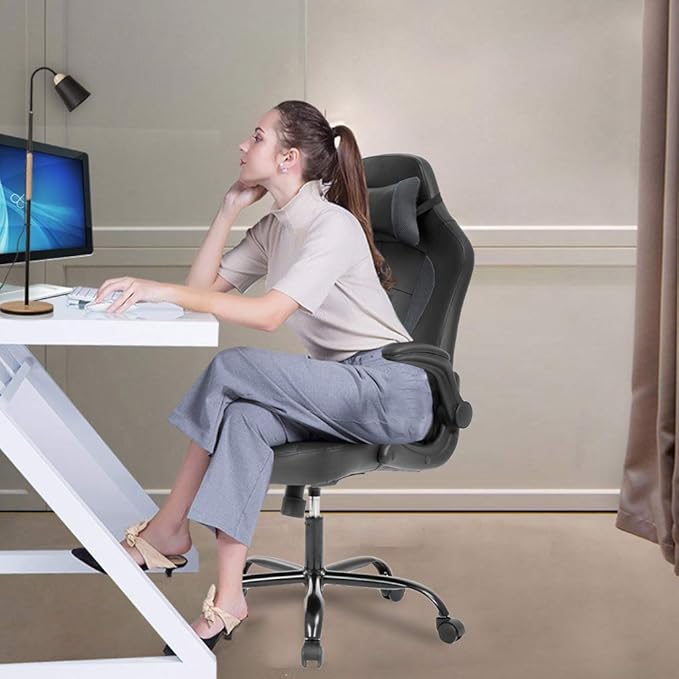BestOffice Gaming Chair Office High-Back PU Leather Racing Chair Reclining Computer Executive Desk Chair with Lumbar Support Adjustable Arms Rolling Swivel Chair for Women Men(Grey)