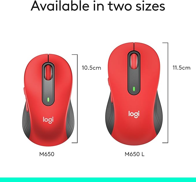 Logitech Signature M650 L Full Size Wireless Mouse - for Large Sized Hands 2-Year Battery Silent Clicks Customizable Side Buttons Bluetooth for PC/Mac/Multi-Device/Chromebook - Classic Red