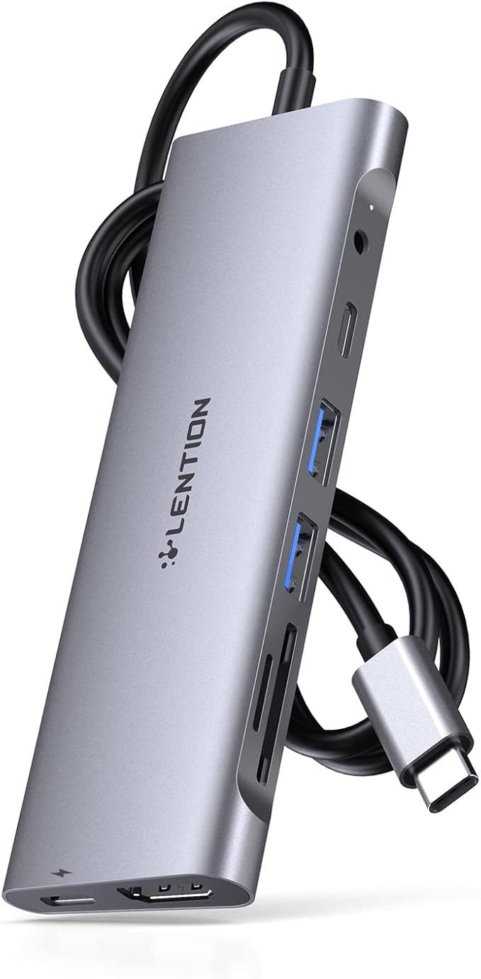 LENTION 8-in-1 USB C Hub Docking Station with 3.3FT Long Cable 4K HDMI USB A&ampC SD/TF Card Reader Aux 100W PD Charging for MacBook Pro/Air Dell HP Chromebook Steam Deck (C37-1M Space Gr