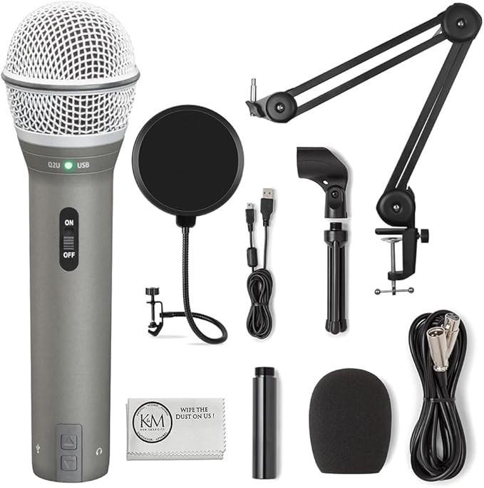 SAMSON Q2U Recording &amp Podcasting Pack | Gray Bundled with Pop Filter + Mic Arm + Microfiber Cleaning Cloth (4 Items)