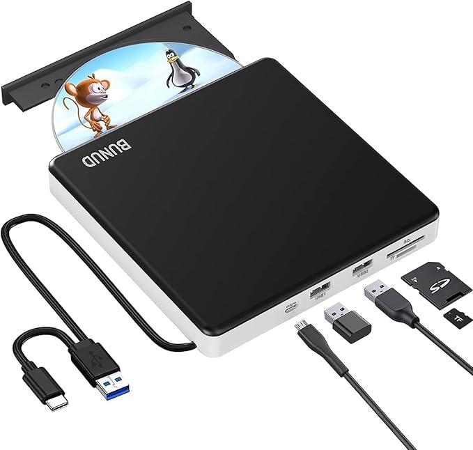 BUNUD External DVD Burner USB-C: Portable DVD External Drive for Apple Superdrive with 2 USB and TF/SD Slots - Plug &amp Play CD Drive External for Mac Laptop Windows 11