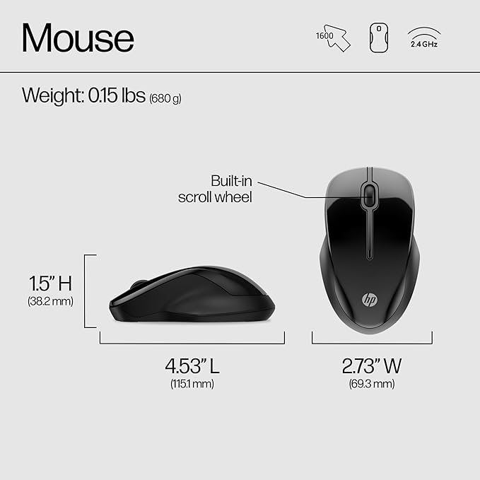 HP 250 Dual Mouse - for Computer or Laptop - Multi-OS &amp Device Compatibility Dual-Mode 2.4 GHZ or Bluetooth Connectivity - Multi-Surface Technology - 1-Year Battery Life - Ambidextrous