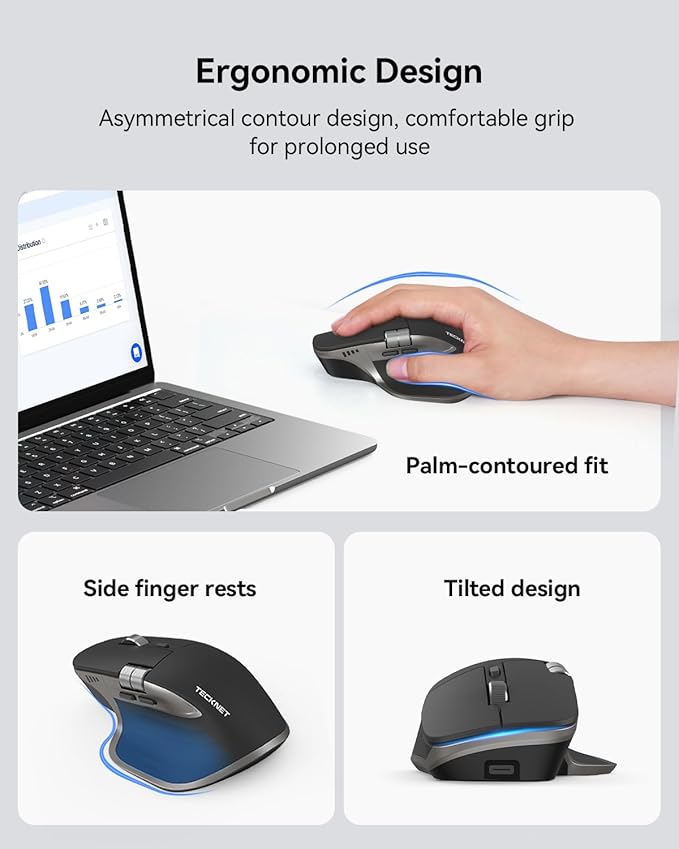 TECKNET Wireless Mouse Bluetooth Mouse (BT5.3/5.0 &amp 2.4G) Rechargeable Ergonomic Optical Mouse with 6 Adjustable DPI Side Scroll Quiet Clicks USB A Receiver 7 Buttons Wide Compatibility - Gr