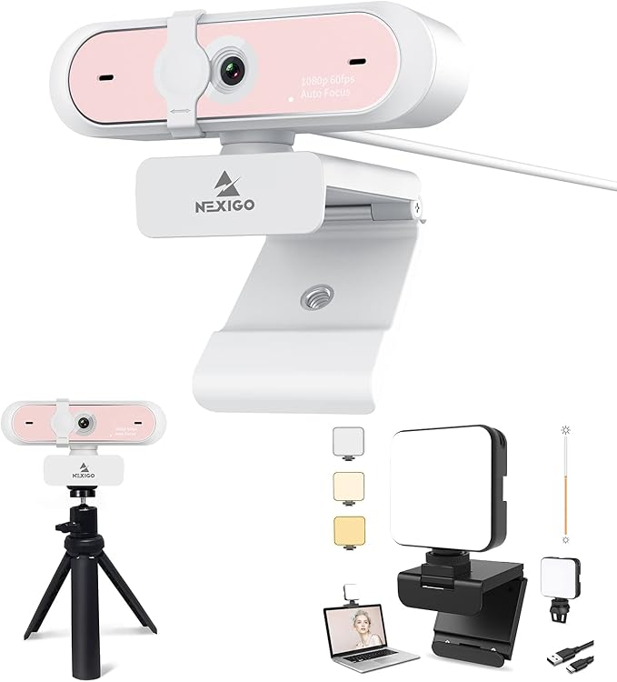 NexiGo 60FPS 1080P Webcam Kits N660P FHD USB Web Camera with Privacy Cover and Dual Microphones Upgraded Video Conference Lighting Lightweight Mini Tripod for Zoom/Skype/Teams Pink