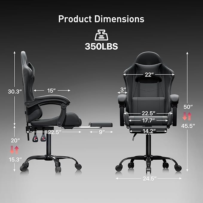 MoNiBloom Gaming Chair with Footrest High Back Video Game Chair with Headrest &amp Lumbar Support Height Adjustable Leather Swivel Computer Chair for Adult Teen Office or Gaming Black