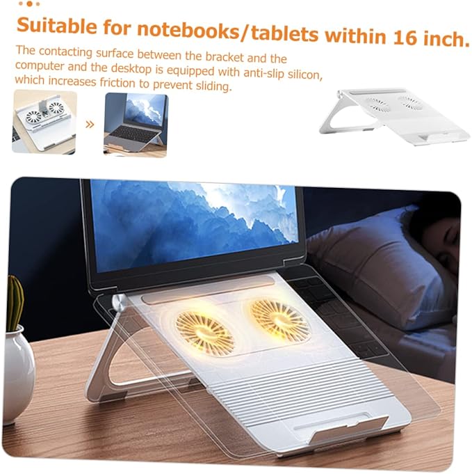 Laptop Cooling Rack with Dual Fans Lightweight Foldable Laptop Stand with Non Slip Silicone Support Portable Notebook Cooler for Travel and Business Use