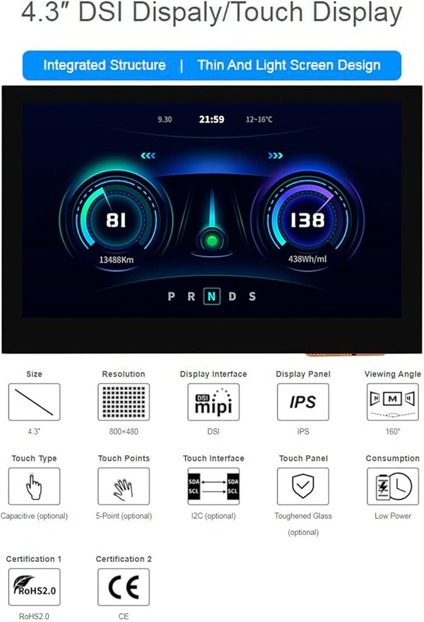 waveshare 4.3inch DSI Display 800 x 480 IPS Screen Compatible with Raspberry Pi 4B/3B+/3A+/3B/2B/B+/A+ Compute Module3/3+/Compute Module 4 (No Touch)