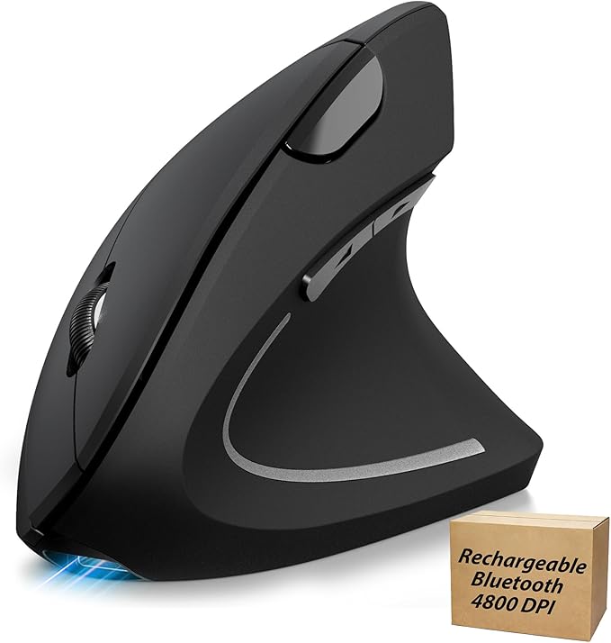 TECKNET Ergonomic Mouse Rechargeable Bluetooth - 4800 DPI Vertical Mice 6 Adjustable Levels Wireless Optical Carpal Tunnel Mouse Right Hand Multi Device for Laptop PC Computer MacBook - Black