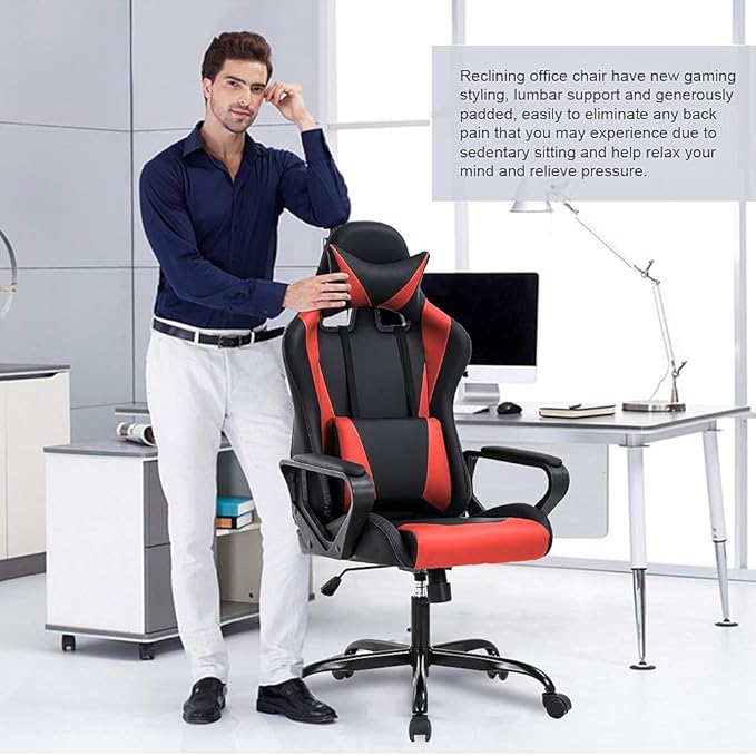 Gaming Chair with Lumbar Support High-Back Office Chair for Adults with Ergonomic Computer Racing Chair PU Desk Task Chair with Support Flip Up Arms Headrest Red