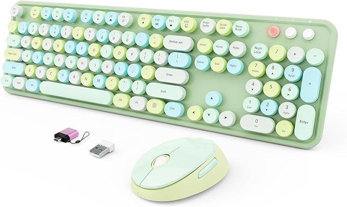 Wireless Keyboard and Mouse Combo Ergonomic Full Size Typewriter Retro Round Keycaps Keyboard Compatible with Windows PC Perfer for Home and Office Keyboards (Green