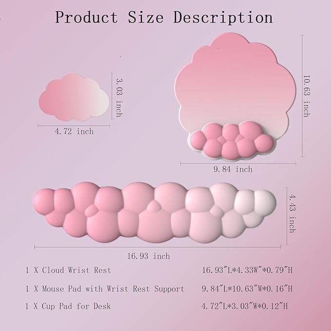 Cloud Wrist Rest Keyboard Pink Mouse Pad Set with Wrist Rest Ergonomic Wrist Pad Memory Foam Non-Slip Base Cute Gradient Wrist Support for Computer Laptop Gaming Home Office Relief Typing Pain