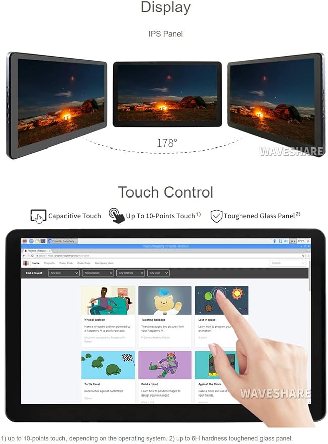 waveshare 15.6inch Capacitive Touch Screen LCD with Case Compatible with Raspberry Pi4B/3B+/3A+/2B/B+/A+/Zero/Zero W/WH/Zero 2W CM3+/4 1920×1080 Resolution HDMI IPS Supports Jetson Nano/Windows
