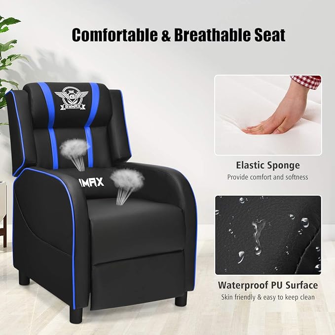 Gaming Recliner Movie Theater Chair w/Adjustable Backrest &amp Footrest Massage Lumbar Pillow Racing Single Sofa PU Leather Reclining Chair for Gaming Room Home Theater (Blue)