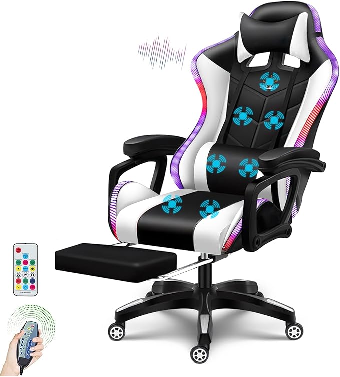 Ergonomic Gaming Chair with Massage and Lumbar Support Footrest Reclining Function Gamer Chair with Speakers and LED Lights Office Computer Chairs Big and Tall Gaming Chair for AdultsWhite