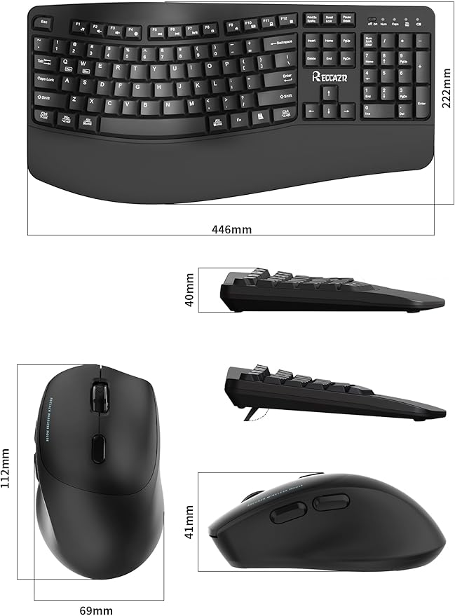 Wireless Keyboard and Mouse Combo2.4G Full Size Wave Keys Ergonomic Keyboard with Wrist Rest for Natural Typing 3 DPI Adjustable Ergonomic Silent Mouse for Computer/Laptop/Windows/Mac (Black)