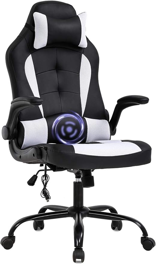 PC Gaming Chair Ergonomic Racing Heavy Duty Office Chair Video Game Chair Massage Function Lumbar Support with Flip Up Arms &amp Headrest Nice Chic Desk Chair Adjustable Best Home Office Chair - Wh
