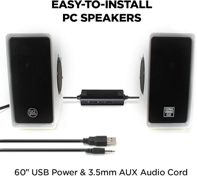 GOgroove Gaming Computer Speakers with Blue LED Light - SonaVERSE O2i Speakers for Desktop Laptop PC - USB Speaker 2.0 with AUX Input in-Line Volume Control Bass Stereo Sound 14W (White)