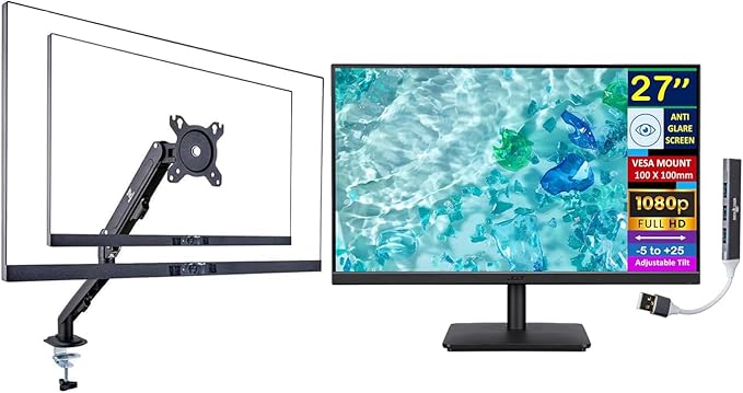 acer 27 FHD IPS Monitor with 4ms Response Time Anti Glare VESA Mount (100mm) HDMI VGA &amp Black Color with DKZ Hub &amp ErgoFlexy Single Monitor Mount