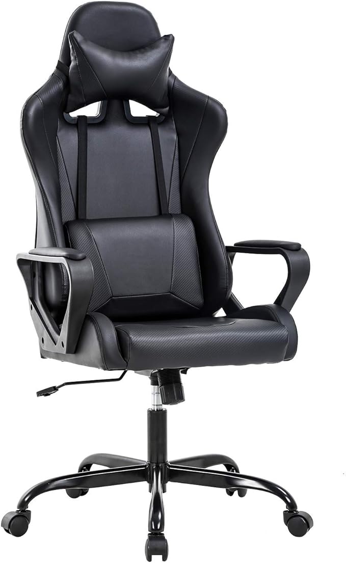 Gaming Chair with Lumbar Support High-Back Office Chair for Adults with Ergonomic Computer Racing Chair PU Desk Task Chair with Support Flip Up Arms Headrest Black