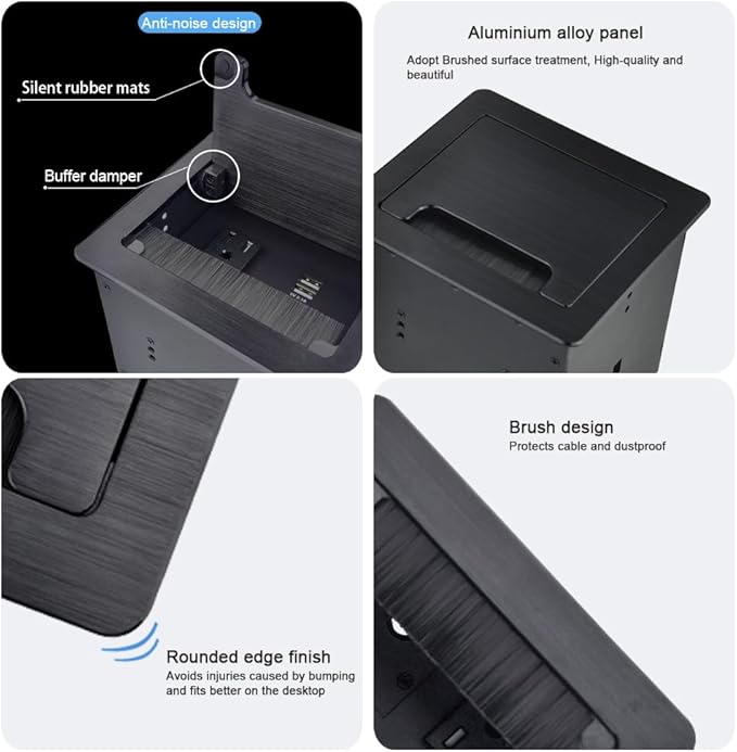 Tabletop Brush Flip Connectivity Box with 2 AC Power + 2 USB Charger + HDMI + 1 3.5mm Audio + USB-C Data + RJ45(cat6) for Conference Room (Black)