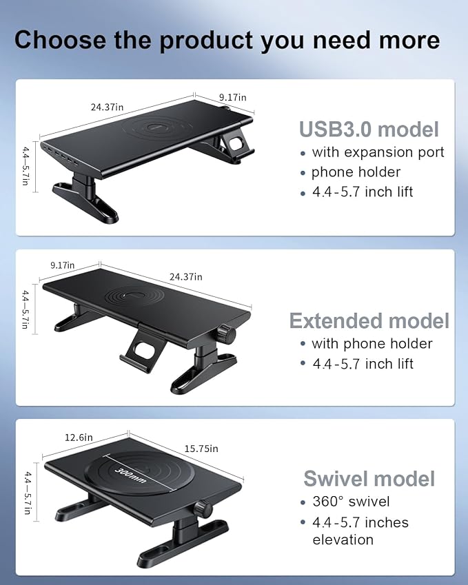 Computer Monitor Stand Riser for Desk with Usb Hub Charging30W/5Gbps Usb C Docking Station with Power4.4-5.7''Freely Height Adjustable with Phone HolderMonitor Stands Riser for PCLaptopPrinterTV
