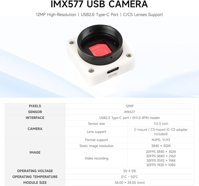 IMX577 12MP USB Camera (B) 3840 × 3024 Resolution Plug and Play Supports C/CS Lenses @XYGStudy