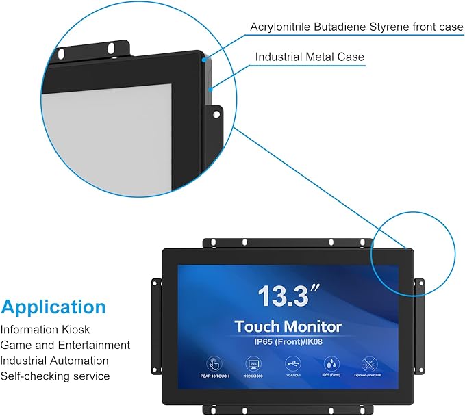 GreenTouch 13.3 Inch 10 Points Open Frame Touch Display Industrial PCAP Touchscreen Monitor VGA+HDMI+DVI Port - 16:9