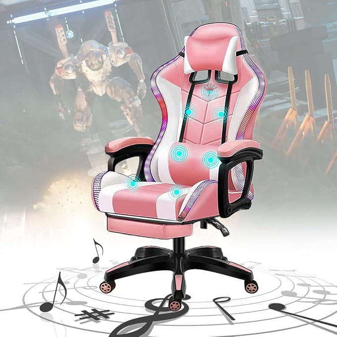 LED Gaming Chair with Speakers Ergonomic Video Game Chair Racing Office Chair PU Leather Recliner Computer Chair Swivel E-Sports Chair with Headrest Lumbar SupportPink