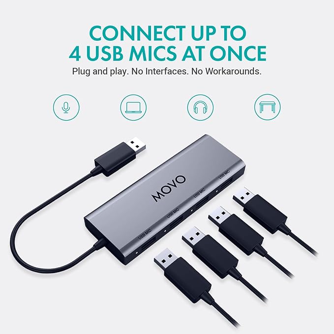 Movo UMX-1 USB Microphone Hub – 4-Port Powered USB Interface for Podcasting &amp Streaming Mics – Low-Noise High-Speed