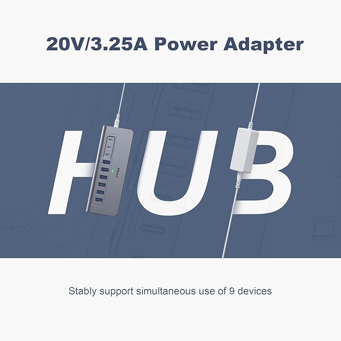 Powered USB Hub 10Gbps intpw YH6AC 9-Port USB Splitter with USB A/USB C 3.2 4 USB 3.0 2 PD 45W Charging Ports 65W Power Adapter + 3.3FT Cable Aluminum USB Extender Hub for Laptop PCiPhone 17/16