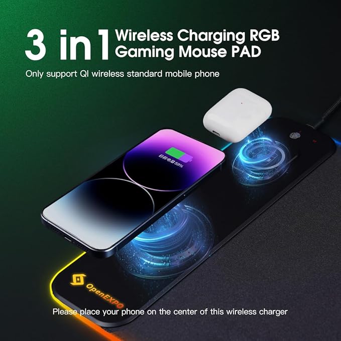 M15WR Wireless Charging RGB Gaming Desk Mat/Mouse pad 3 in 1 Wireless Charging 15 RGB Light Modes (Sound Pickup Mode Power Failure Memory Function) 31.49 x 11.81 Non-Slip Rubber Base