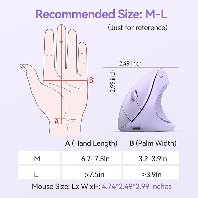 TECKNET Ergonomic Mouse Wireless Rechargeable Mouse Silent for Carpal Tunnel Right Hand 2.4GHz USB Vertical Mouse Wireless for Laptop 5 Adjustable 4800 DPI Computer MacBook Desktop