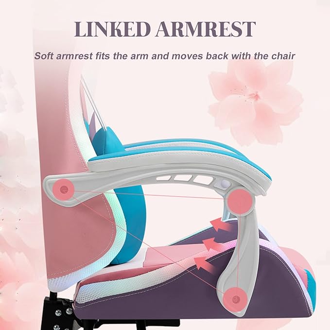 XOOFMASS RGB LED Gaming Chair for Adults Ergonomic Video Game Chair with Speakers Lumbar Support Office Chair Reclining Computer Chair with Footrest PU Leather Chair with Adjustable BackrestPink