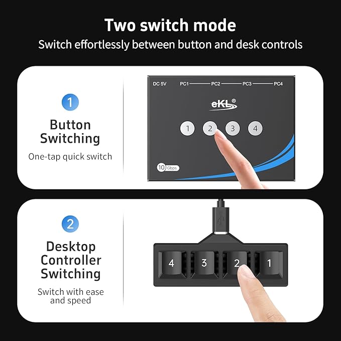 eKL USB 3.2 Switch for 4 Computers 2 USB-C+2 USB-A 10Gbps Inputs Share 1 USB-C+3 USB-A Peripherals Like Mouse Keyboard Printer Scanner with 3.5mm Mic Headphone Jack Includes 4 Cables &amp Control