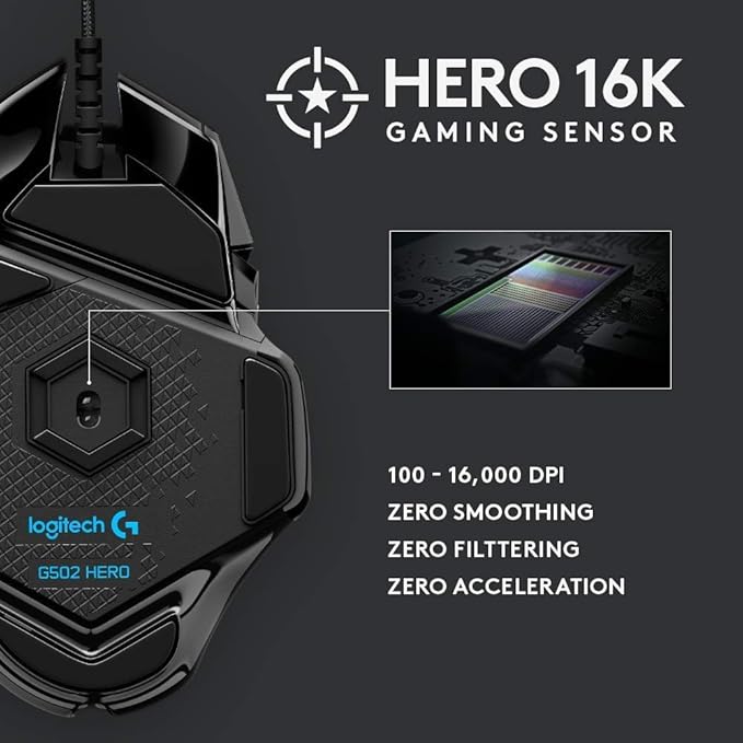 Logitech G502 HERO High Performance Wired Gaming Mouse HERO 25K Sensor 25600 DPI RGB Adjustable Weights 11 Programmable Buttons On-Board Memory PC / Mac (Renewed)