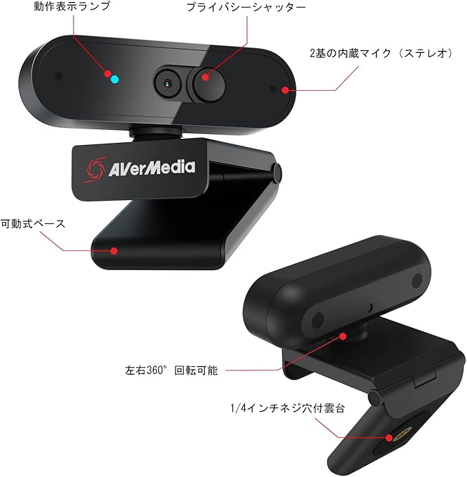 AVerMedia PW310P Webcam Webcam Cover 1080p/30fps Videochat and Recording Plug and Play Microphones Stream Autofocus Works with Skype Zoom Team - Black