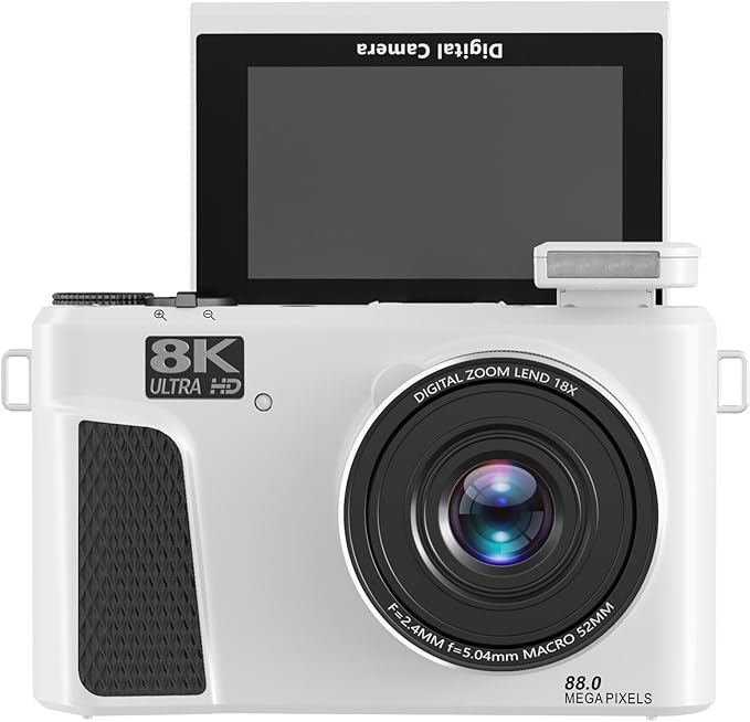 Zopsc 8K Digital Camera 88MP with WiFi 18X Zoom and 3in Flip Screen Autofocus Vlogging Camera with LED Fill Light Live Streaming Webcam for Travel (White)
